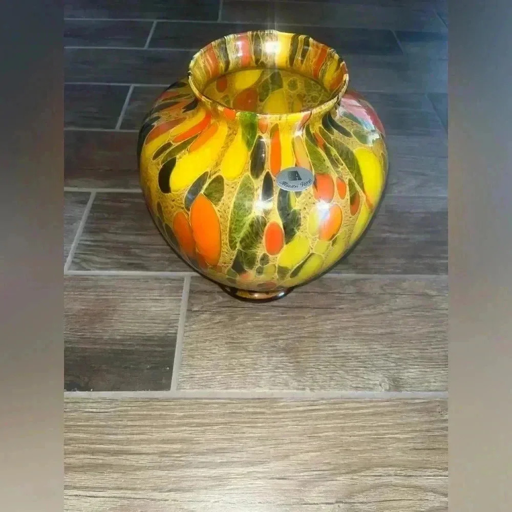 Vintage Maestri Vetrai Glass Vase Orange Confetti/Multicolored Made it Italy - Picture 2 of 5